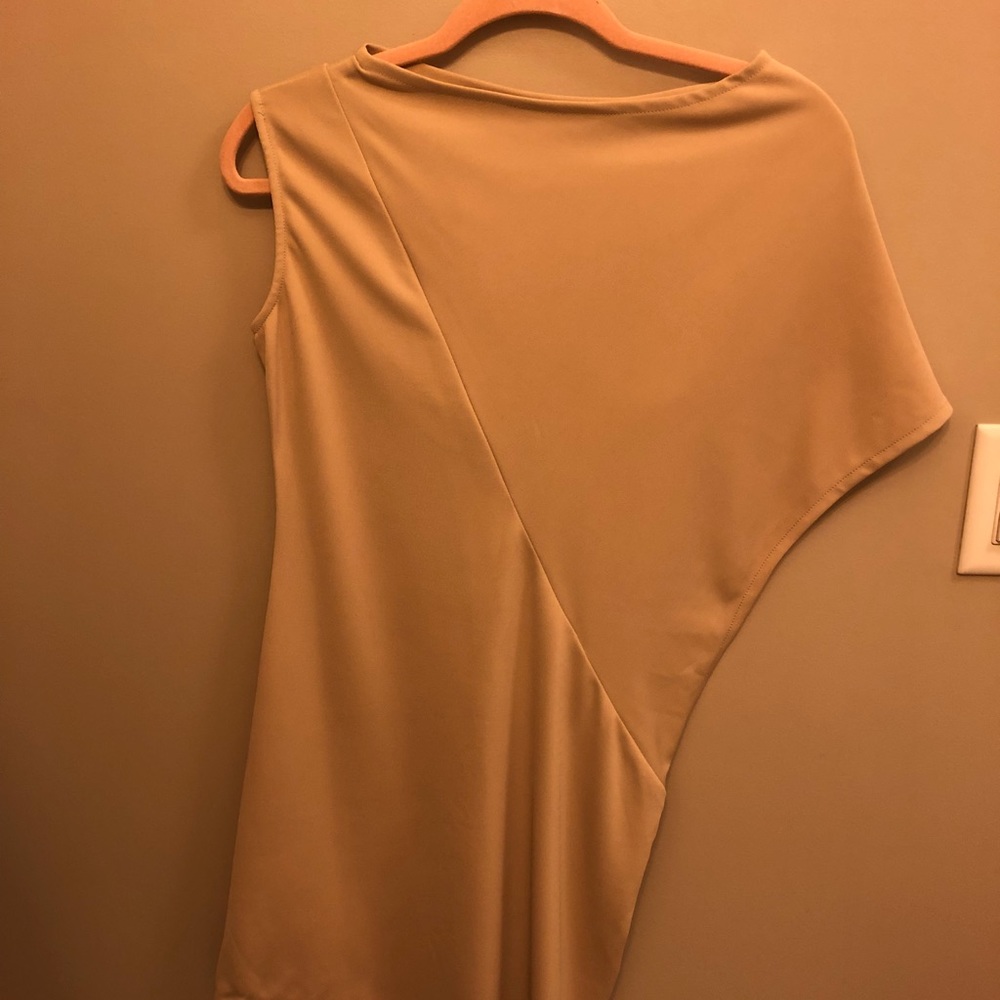 Asymmetric nude dress with a bandeau inner top
